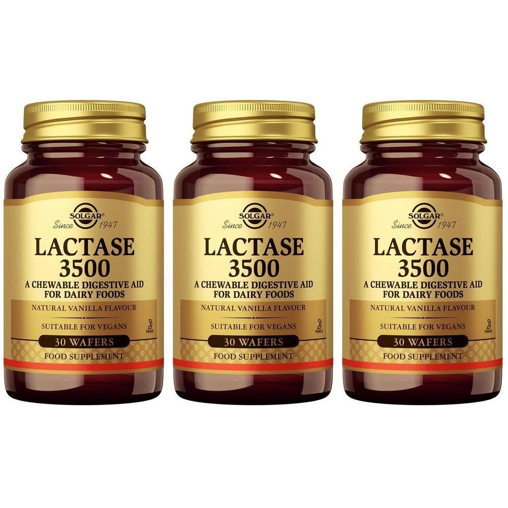 Drie flessen Solgar Lactase 3500, voedingssupplement, 30 wafels per fles.