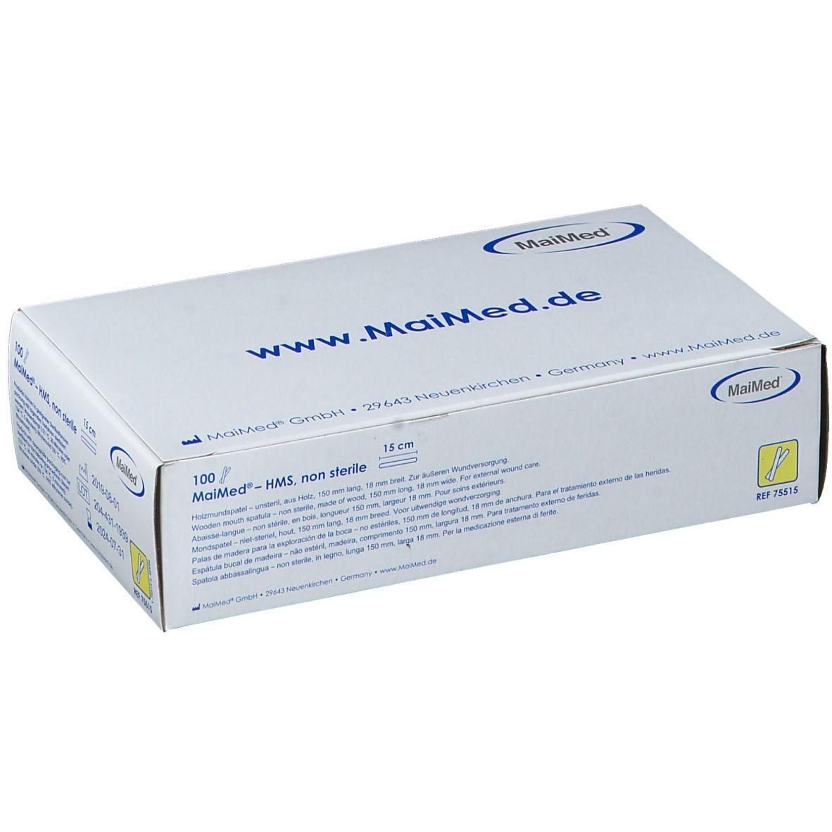 Boîte de 100 abaisse-langues en bois MaiMed, 15 cm, non stérile.