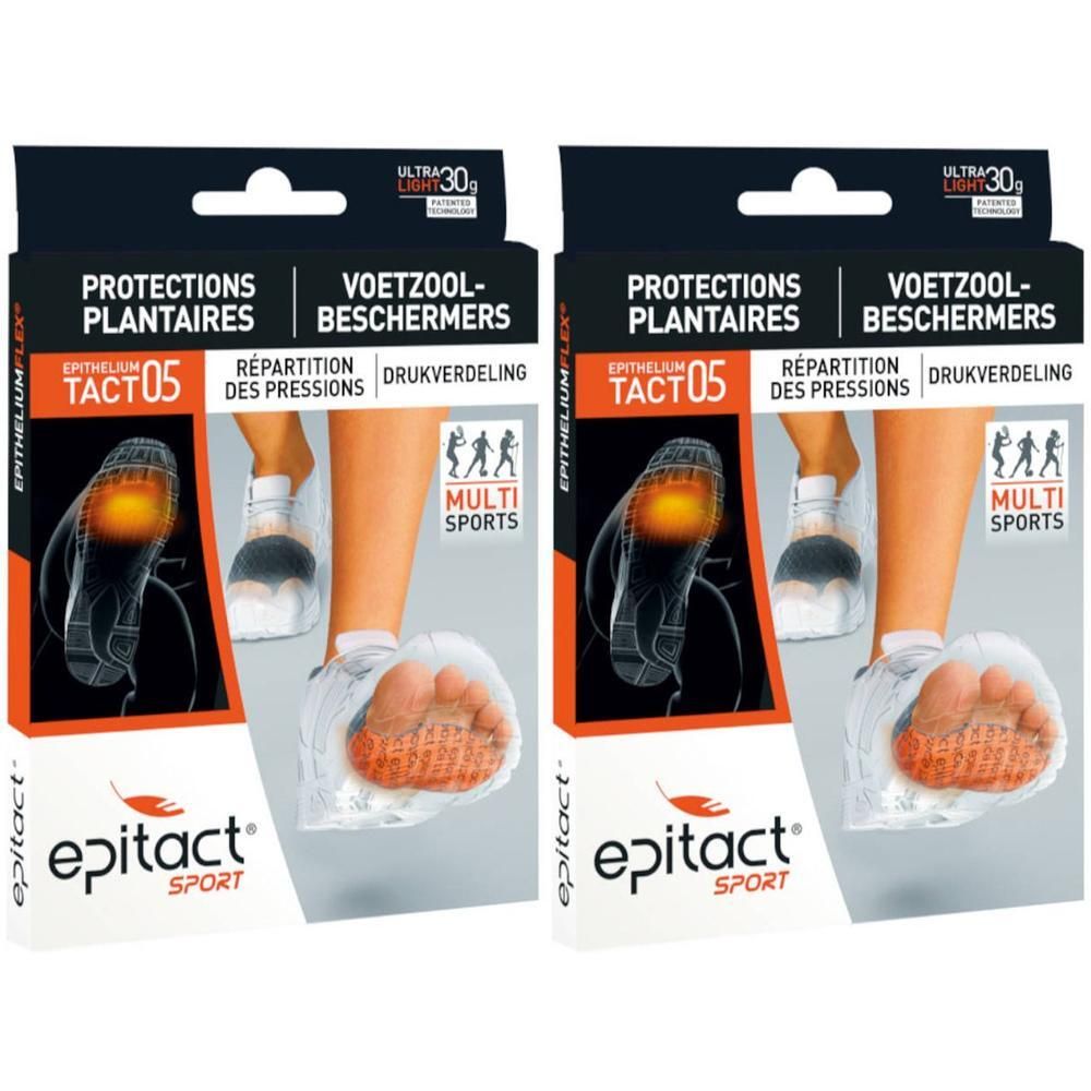 Twee pakken Epitact Sport Voetzoolbeschermers TACT05. Toont voeten met beschermers.