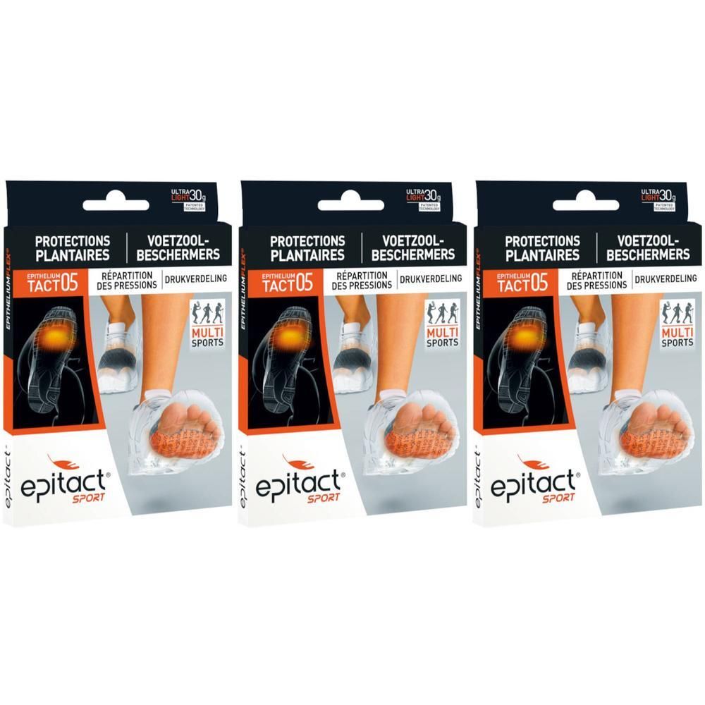 Drie pakken Epitact Sport Plantar Protections. Toont voet met bescherming.