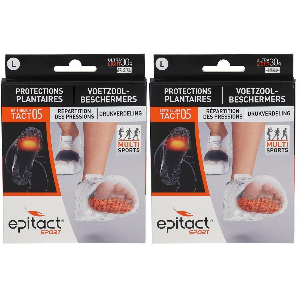 Deux paquets de Protections Plantaires Epitact Sport, taille L. Montre un pied avec un coussinet de protection.