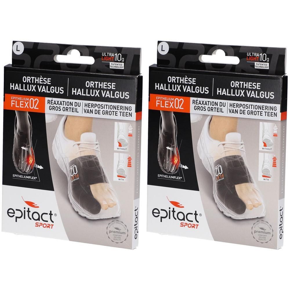 Twee pakken Epitact Sport Hallux Valgus Orthese, maat L. Toont een brace voor de grote teen.