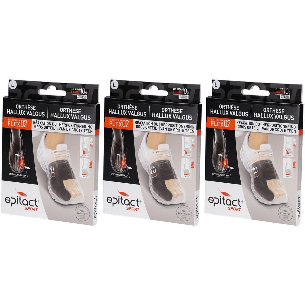Trois boîtes d'orthèse Hallux Valgus Epitact Sport. Taille L.