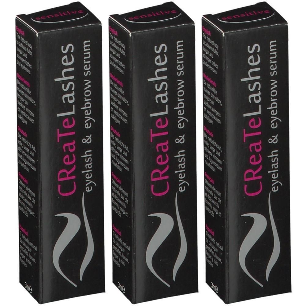 Trois boîtes de sérum pour cils et sourcils CReaTeLashes Sensitive.