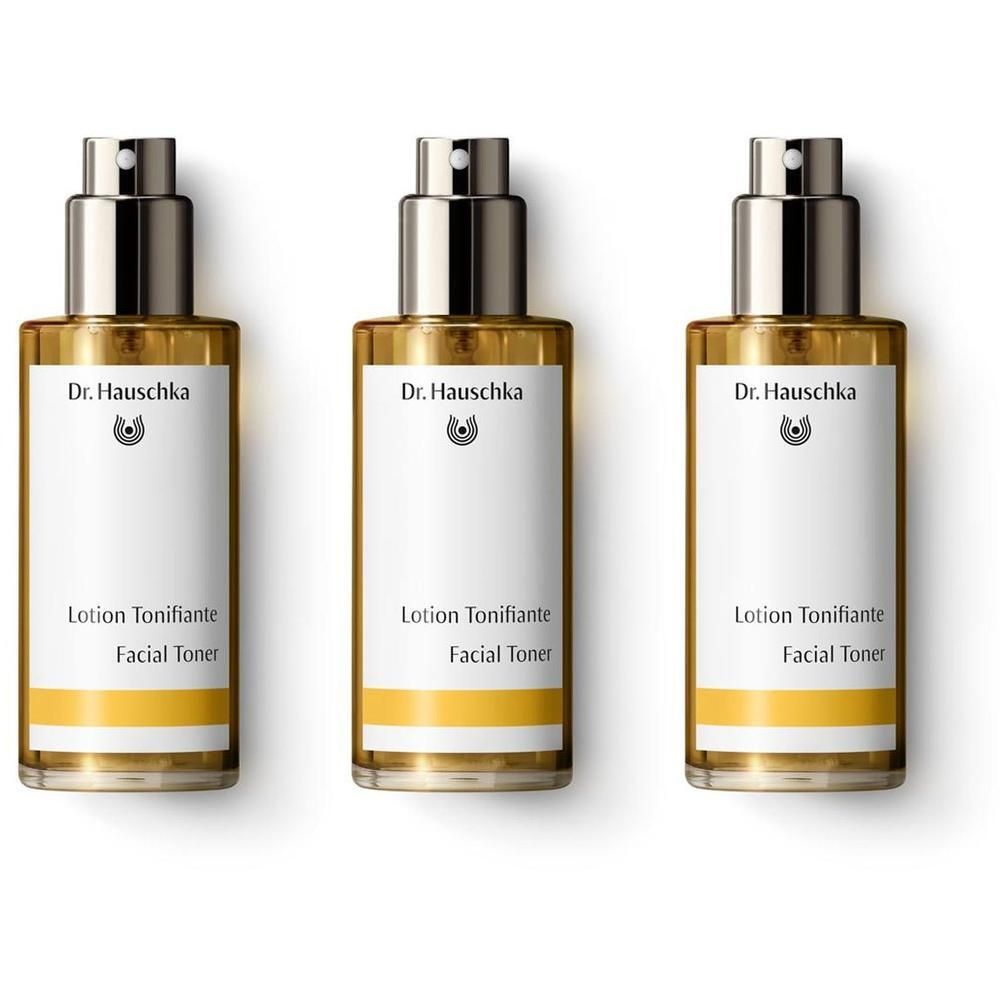 Drie flacons Dr. Hauschka Lotion Tonifiante met spuitkop.