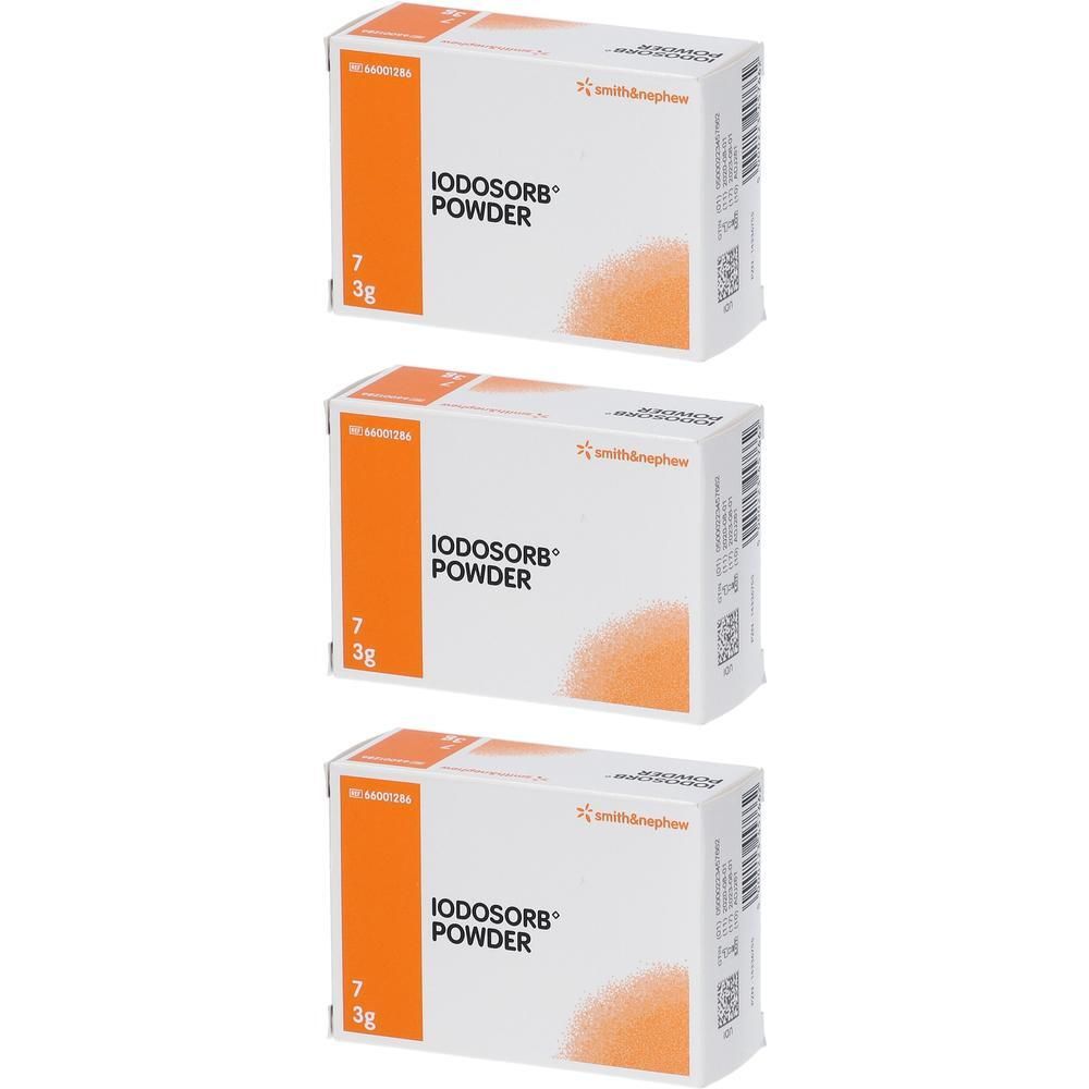 Trois boîtes de poudre Iodosorb, chacune de 3g.