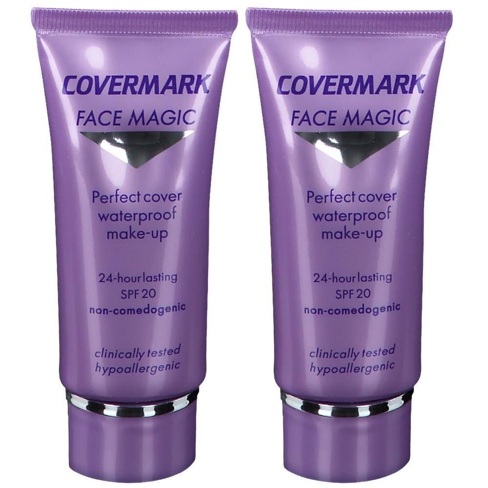 Twee paarse tubes Covermark Face Magic Make-up met SPF 20. Waterproof, 24 uur houdbaar, non-comedogeen, klinisch getest, hypoallergeen.