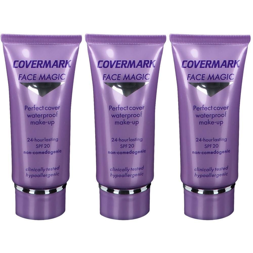 Drie COVERMARK Face Magic tubes met SPF 20, waterproof make-up.