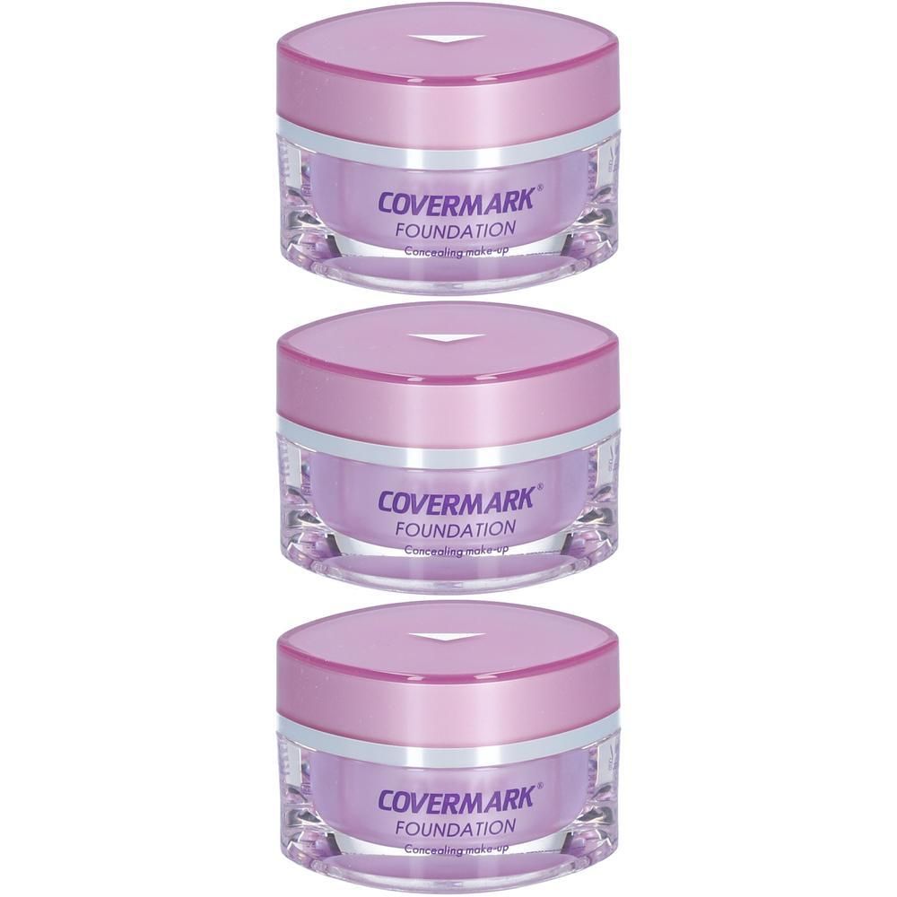 Drie potjes COVERMARK® Classic Foundation in paarse verpakking.