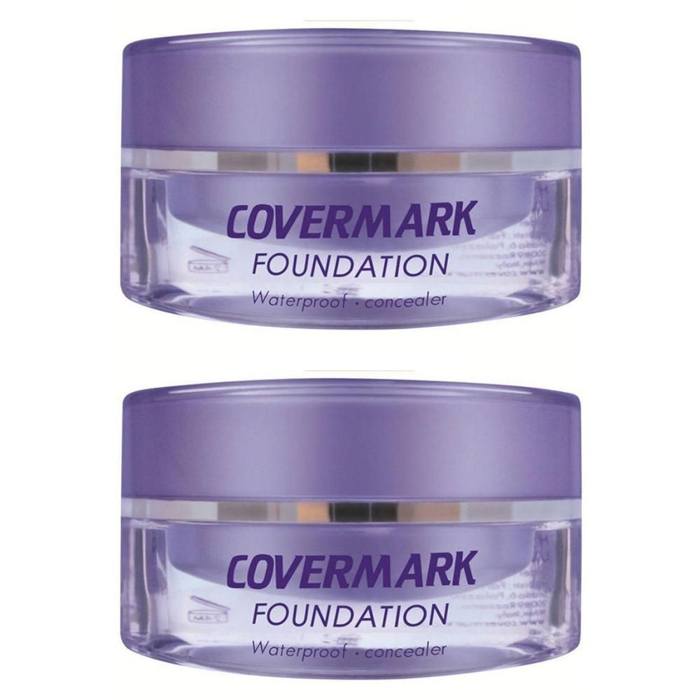 Deux pots de fond de teint Covermark avec couvercles violets. Texte : Waterproof - concealer.