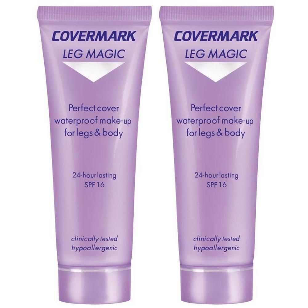Twee paarse tubes Covermark Leg Magic met SPF 16.