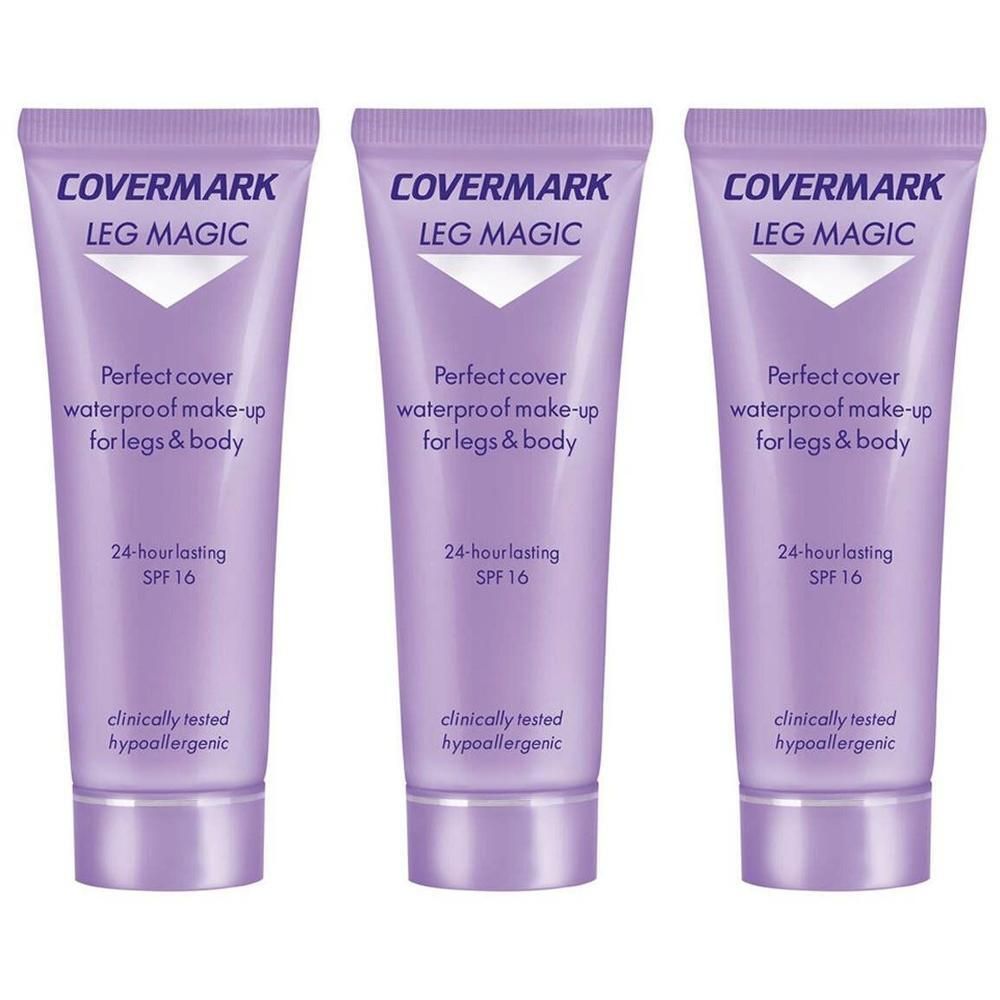 Trois tubes de Covermark Leg Magic SPF 16, maquillage waterproof pour jambes et corps.