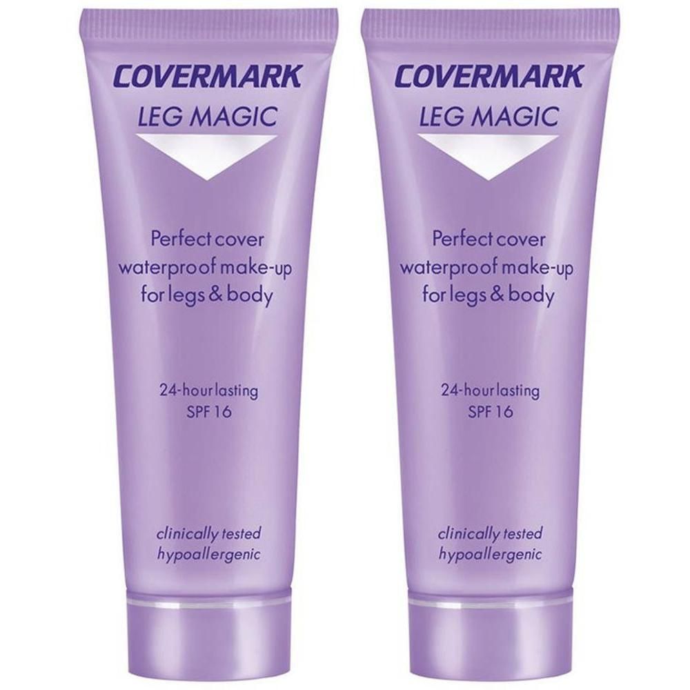 Deux tubes violets Covermark Leg Magic SPF 16, tenue 24h, waterproof, testé cliniquement, hypoallergénique.