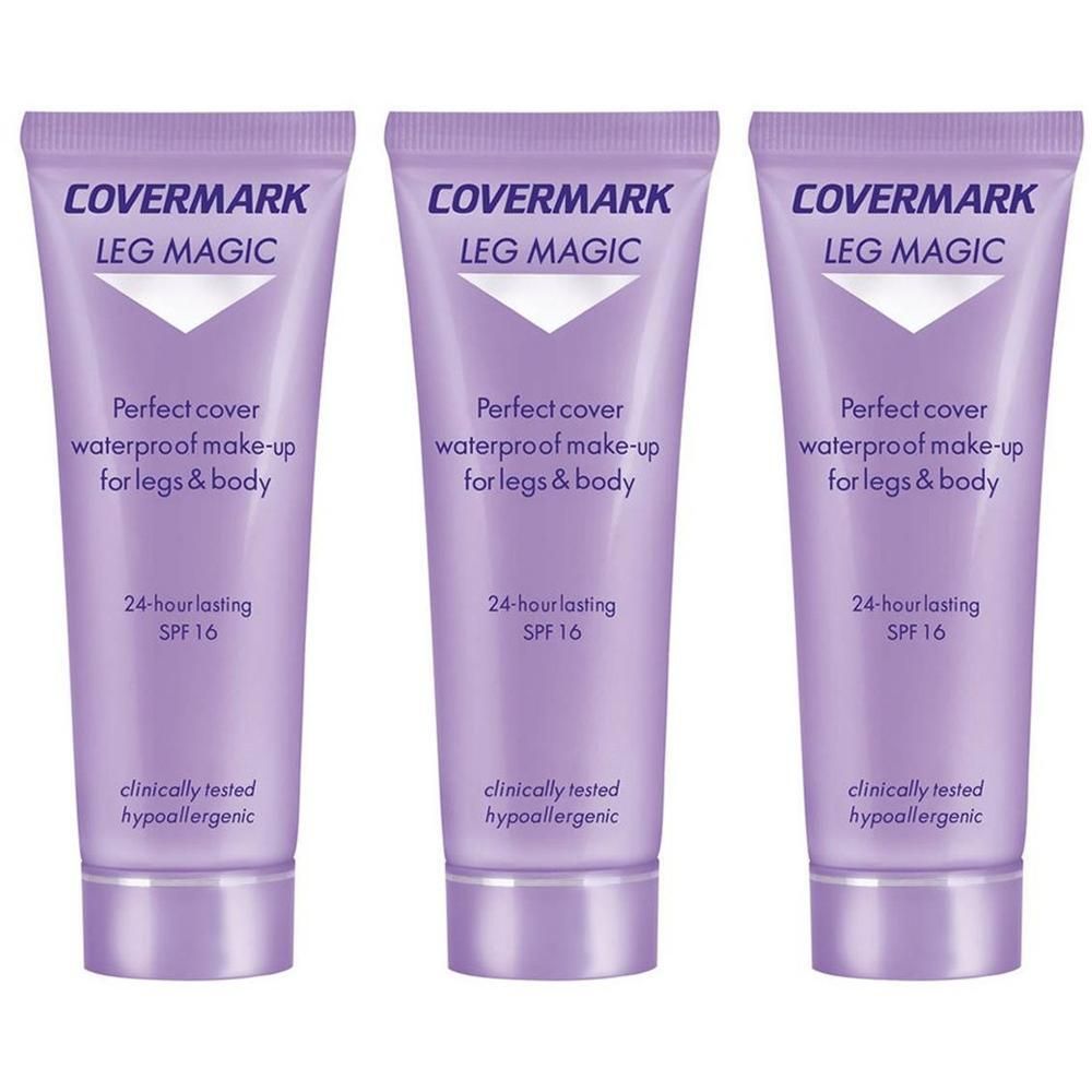 Trois tubes violets Covermark Leg Magic, maquillage imperméable FPS 16.