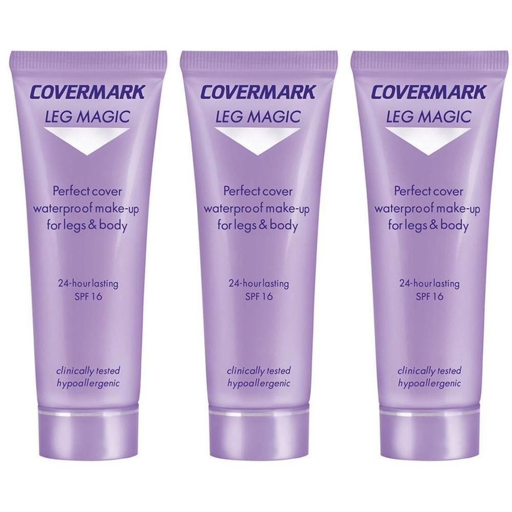 Trois tubes violets Covermark Leg Magic avec inscription blanche. Couvrance parfaite, maquillage imperméable pour jambes et corps, tenue 24h, SPF 16.
