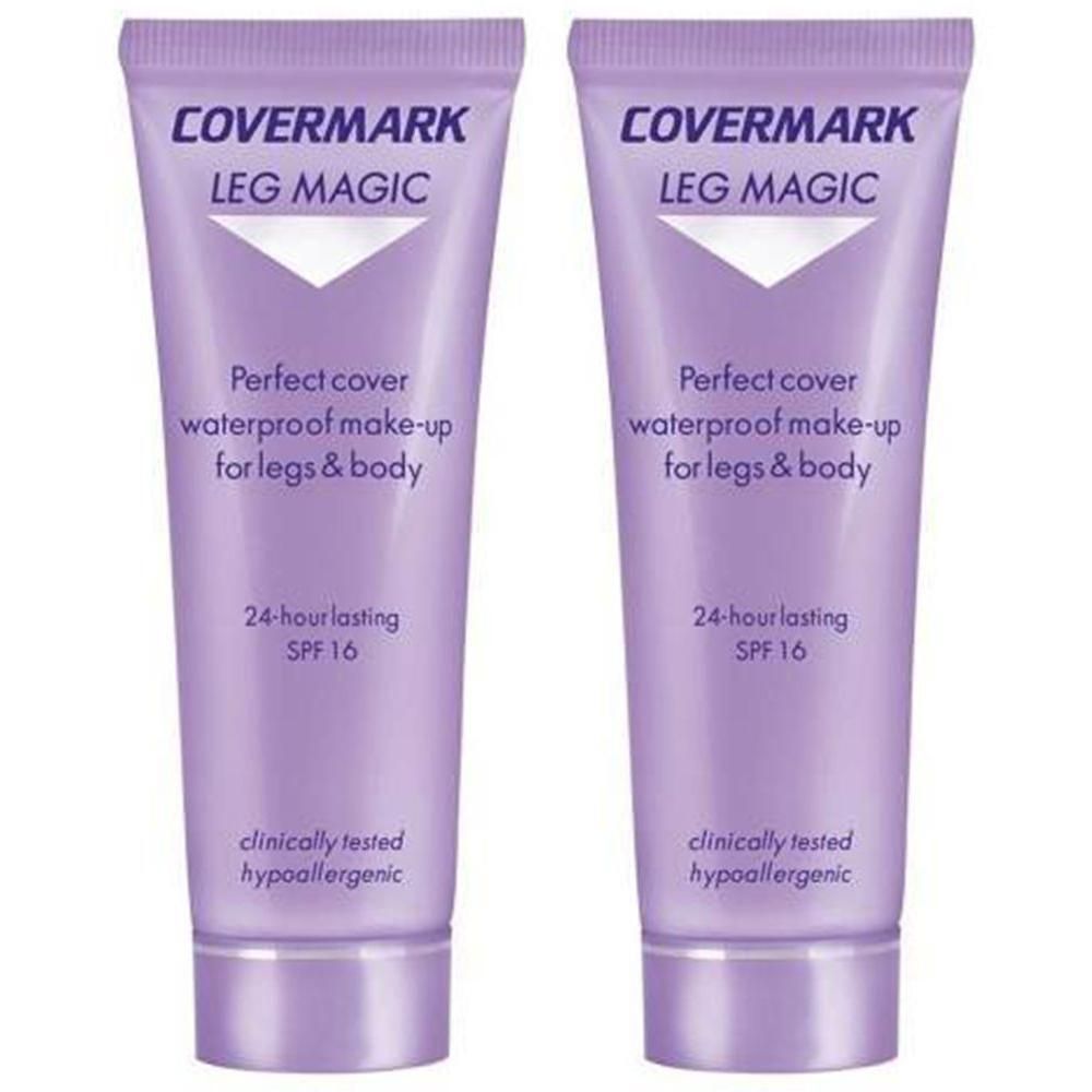 Twee paarse tubes Covermark Leg Magic SPF 16, waterdichte make-up voor benen en lichaam.