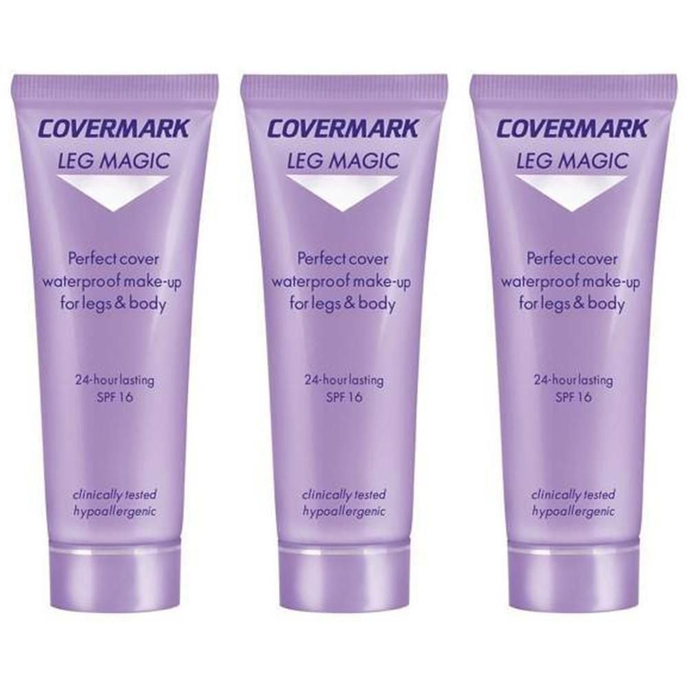 Drie paarse tubes Covermark Leg Magic met witte opdruk. Perfecte dekking, waterdichte make-up voor benen en lichaam, 24 uur houdbaar, SPF 16.