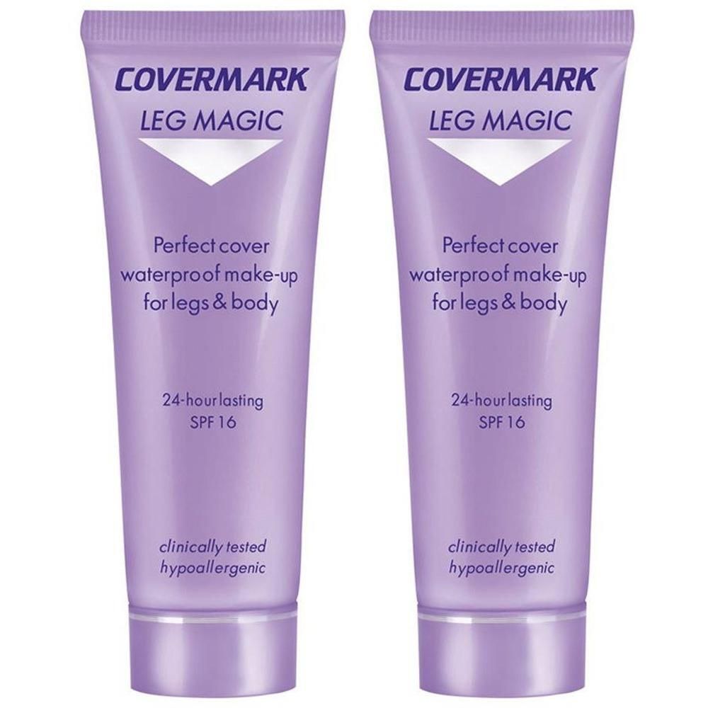 Twee paarse tubes Covermark Leg Magic SPF 16, waterdichte make-up voor benen en lichaam.