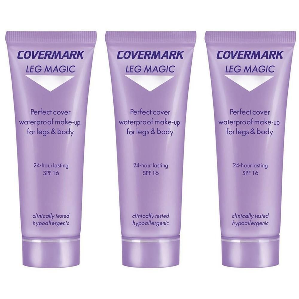 Drie tubes Covermark Leg Magic SPF 16, waterdichte make-up voor benen en lichaam.