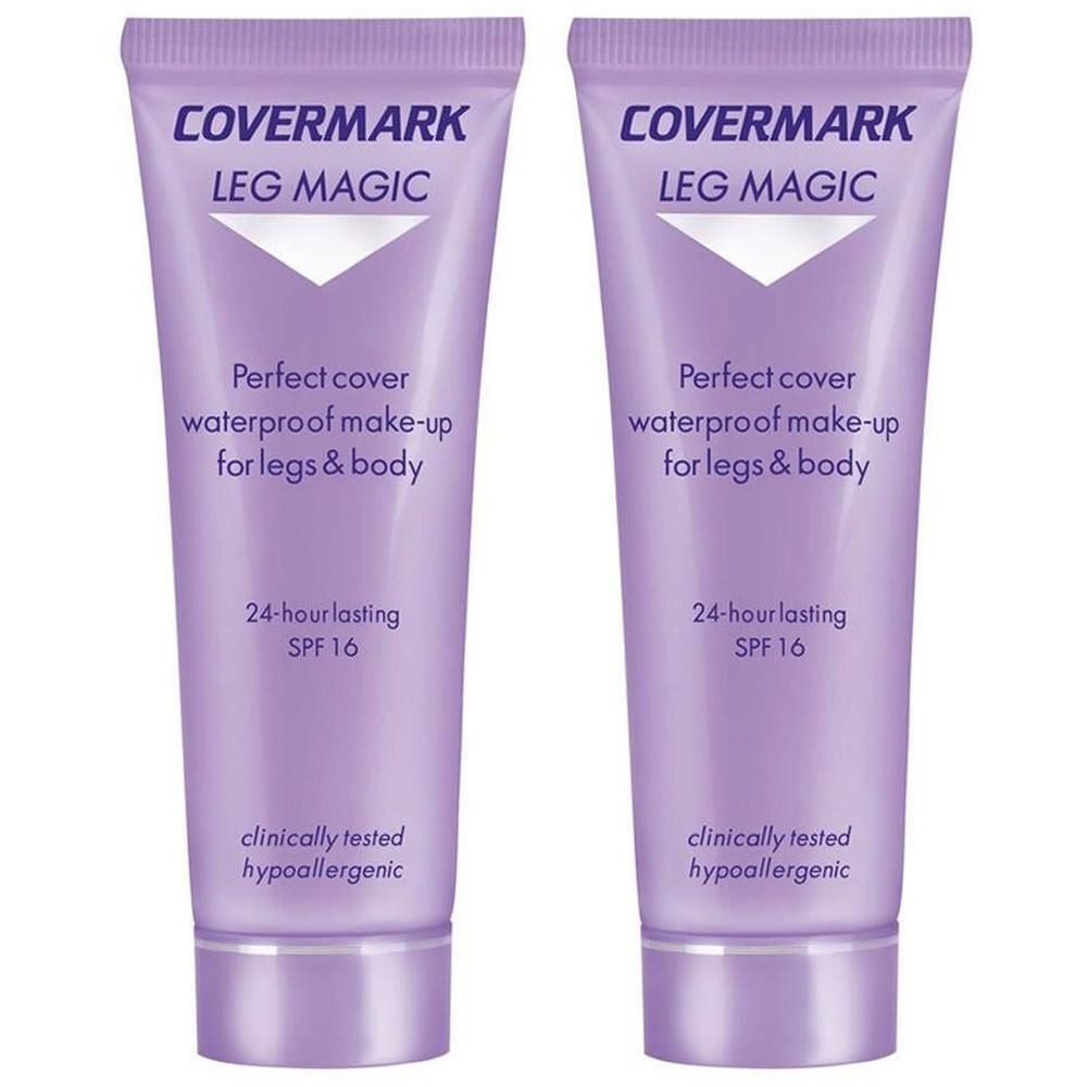 Twee paarse tubes Covermark Leg Magic met SPF 16.