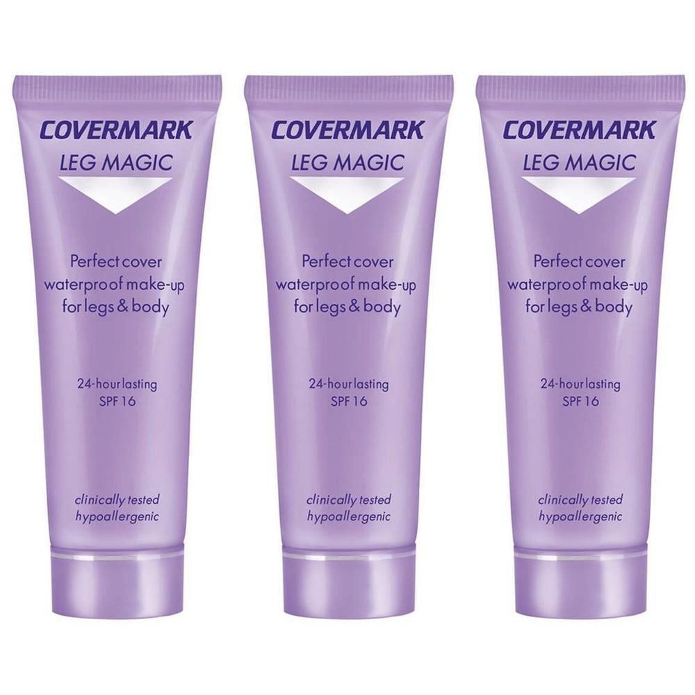 Drie paarse tubes Covermark Leg Magic met witte opdruk.