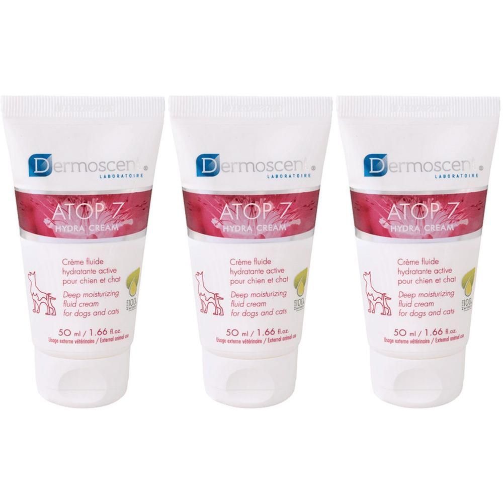 Drie tubes Dermoscent Atop 7 Hydra Cream voor honden en katten, elk 50ml.