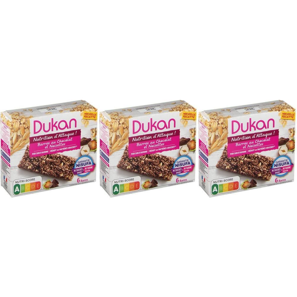Drie pakken Dukan chocoladerepen met noten. Elk pak bevat 6 repen.