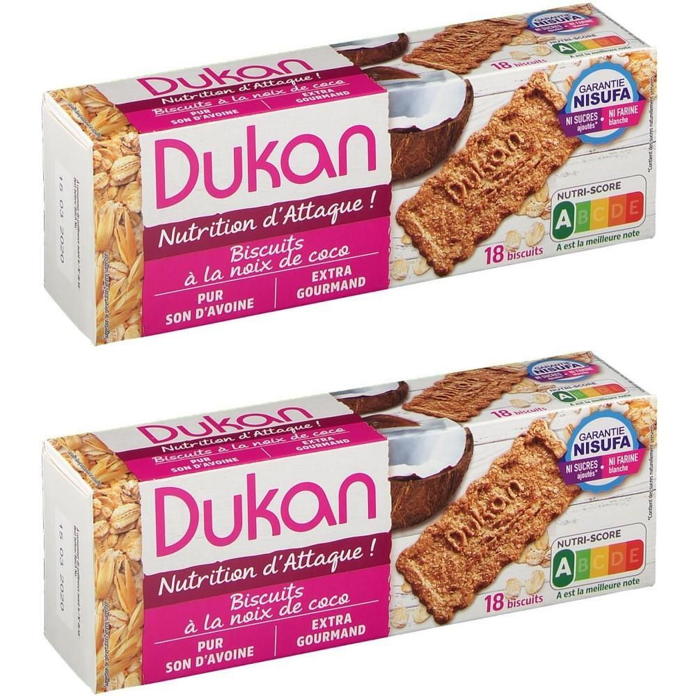 Twee pakken Dukan kokoskoekjes, 18 koekjes per pak. Nutri-score A.