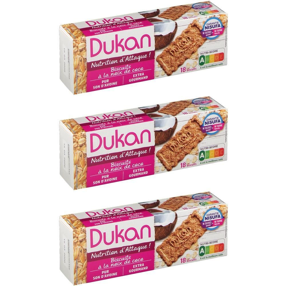 Trois paquets de biscuits Dukan coco avoine, Nutri-Score A.