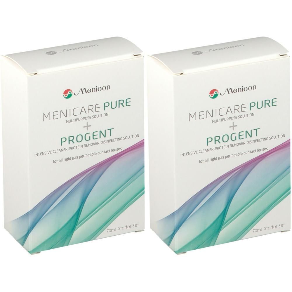 Twee verpakkingen Menicare Pure + Progent lenzenvloeistof. Voor alle vormvaste zuurstofdoorlatende contactlenzen.