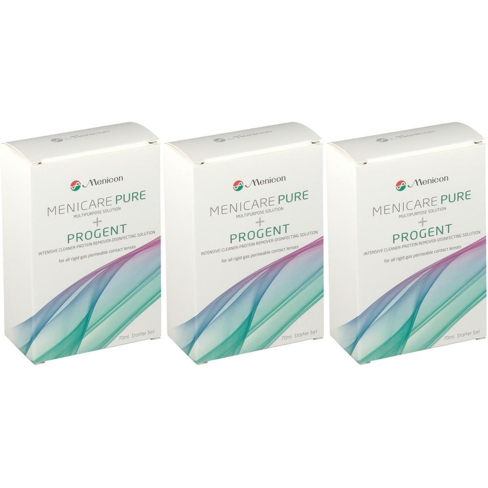 Drie verpakkingen Menicare Pure + Progent lenzenreinigingsoplossing.