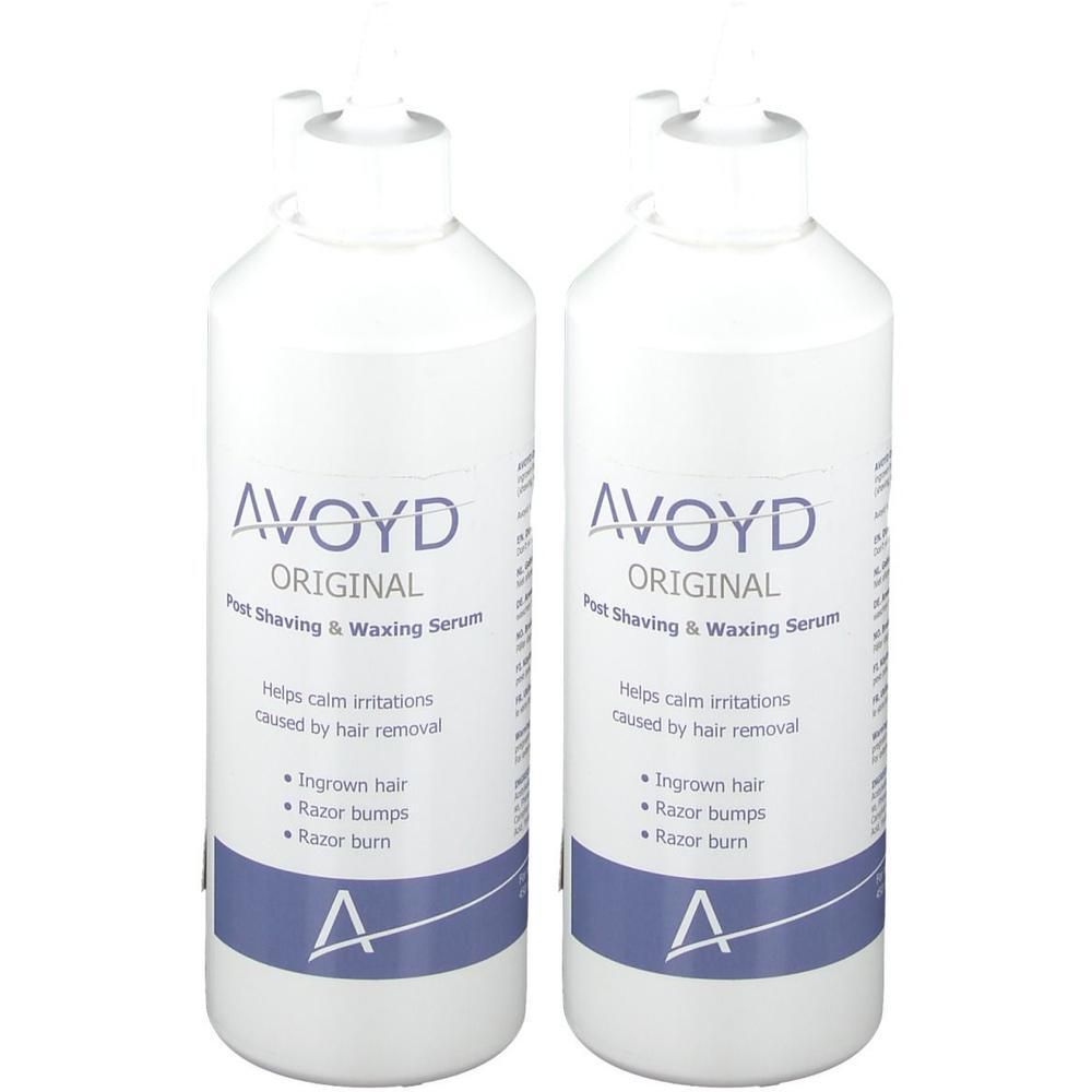Twee witte flessen Avoyd Original Post Shaving & Waxing Serum, gelabeld om irritatie te kalmeren.