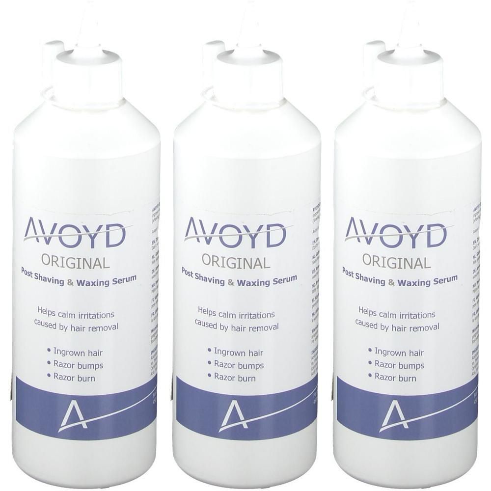 Drie witte flessen Avoyd Original Post Shaving & Waxing Serum met pompdop. Het etiket vermeldt voordelen.