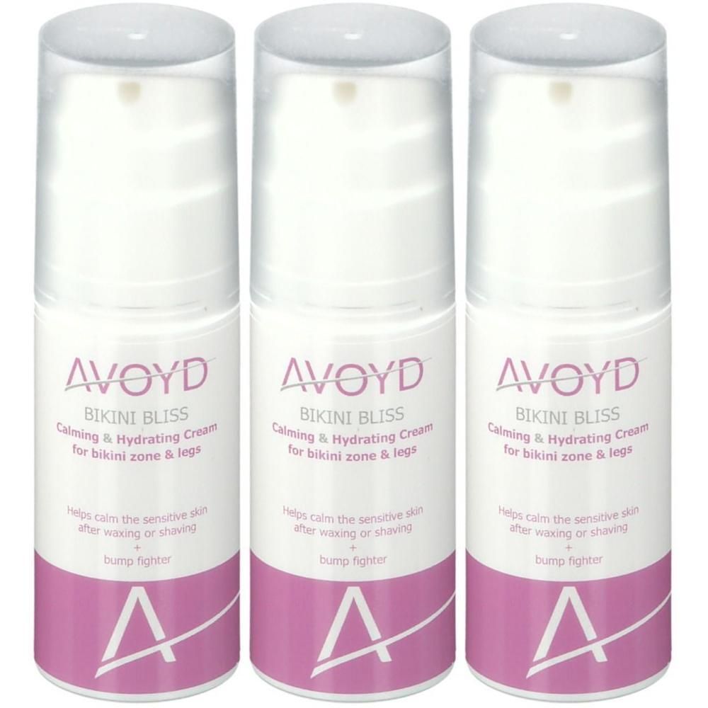 Drie flacons Avoyd Bikini Bliss kalmerende en hydraterende crème voor bikinilijn en benen.