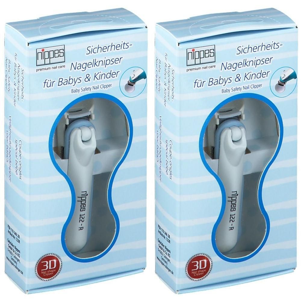 Twee verpakkingen Nippes veiligheid nagelknippers voor baby's & kinderen. Witte handgreep met blauwe opzetstuk.