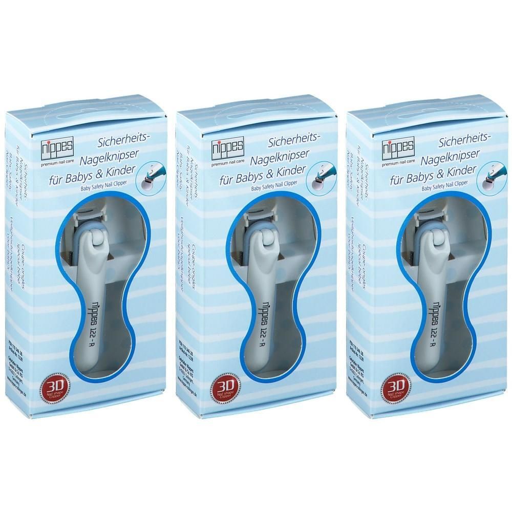 Drie verpakkingen Nippes veiligheid nagelknipper voor baby's & kinderen. Witte handgreep, blauwe accenten.