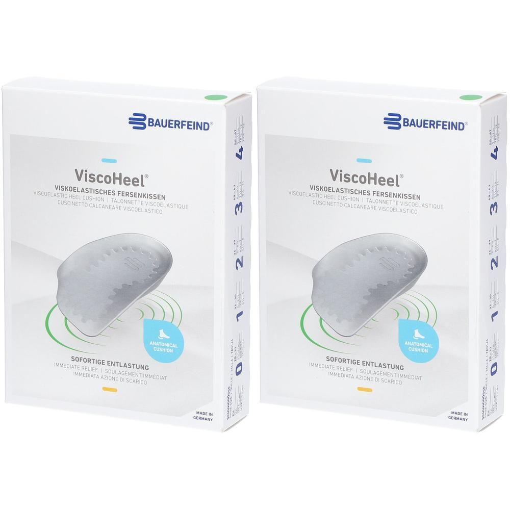 Deux boîtes de talonnettes Viscoheel Bauerfeind en matériau viscoélastique pour un soulagement immédiat.