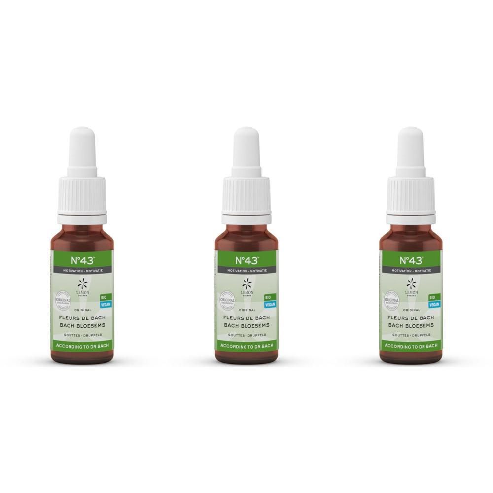 Trois flacons de Fleurs de Bach Bio N°43 Motivation. Flacons en verre brun avec compte-gouttes.