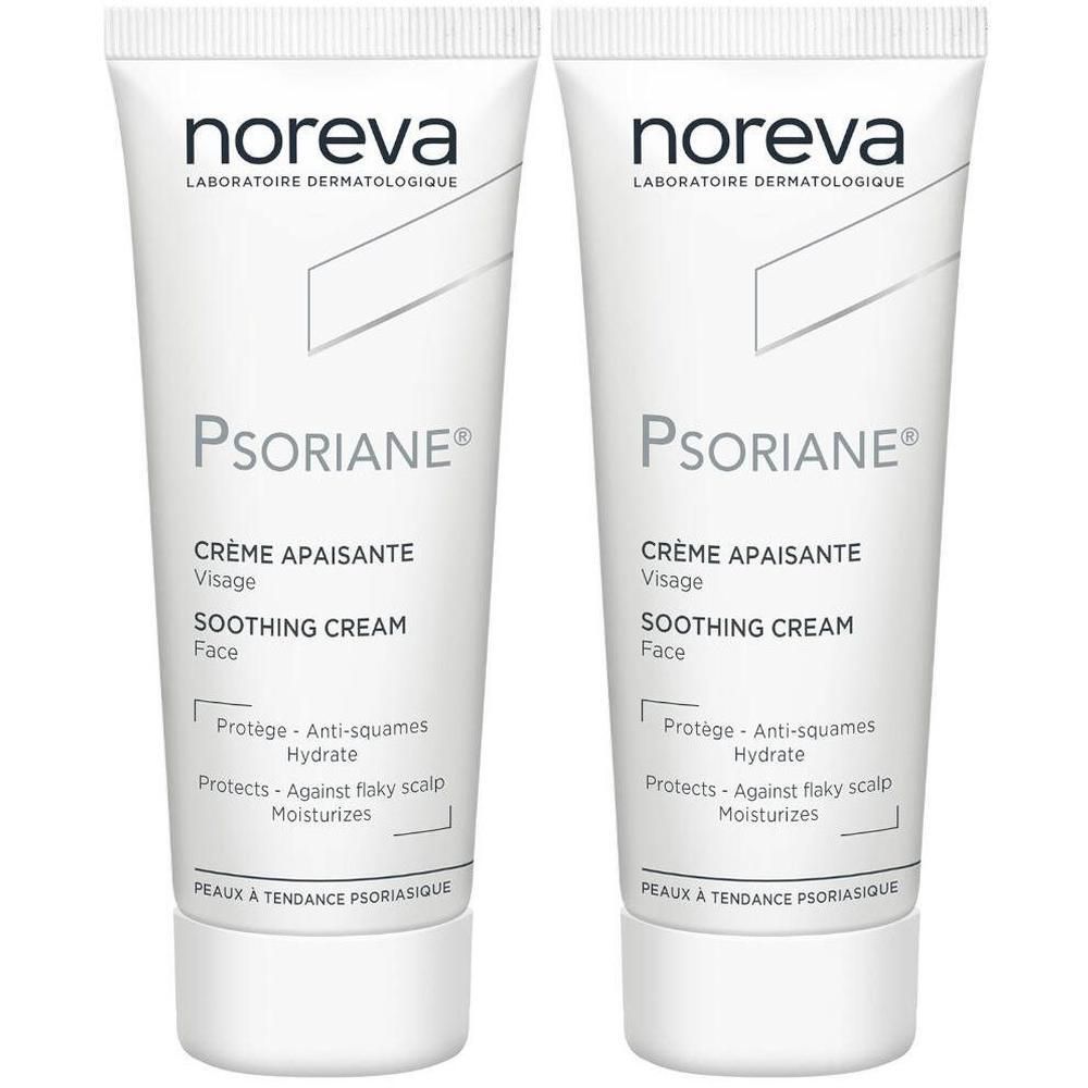 Twee Noreva Psoriane kalmerende gezichtscrème tubes.
