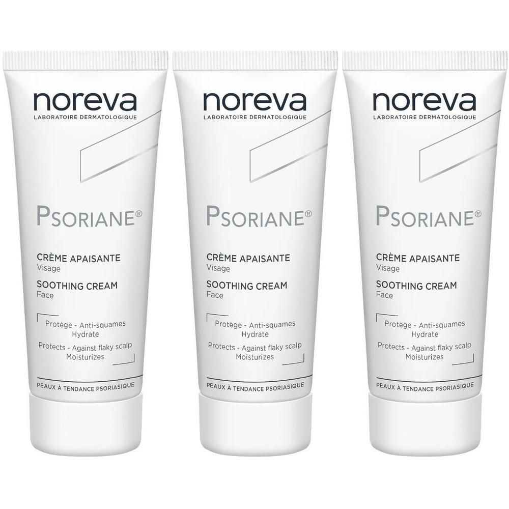 Drie Noreva Psoriane kalmerende gezichtscrème tubes.