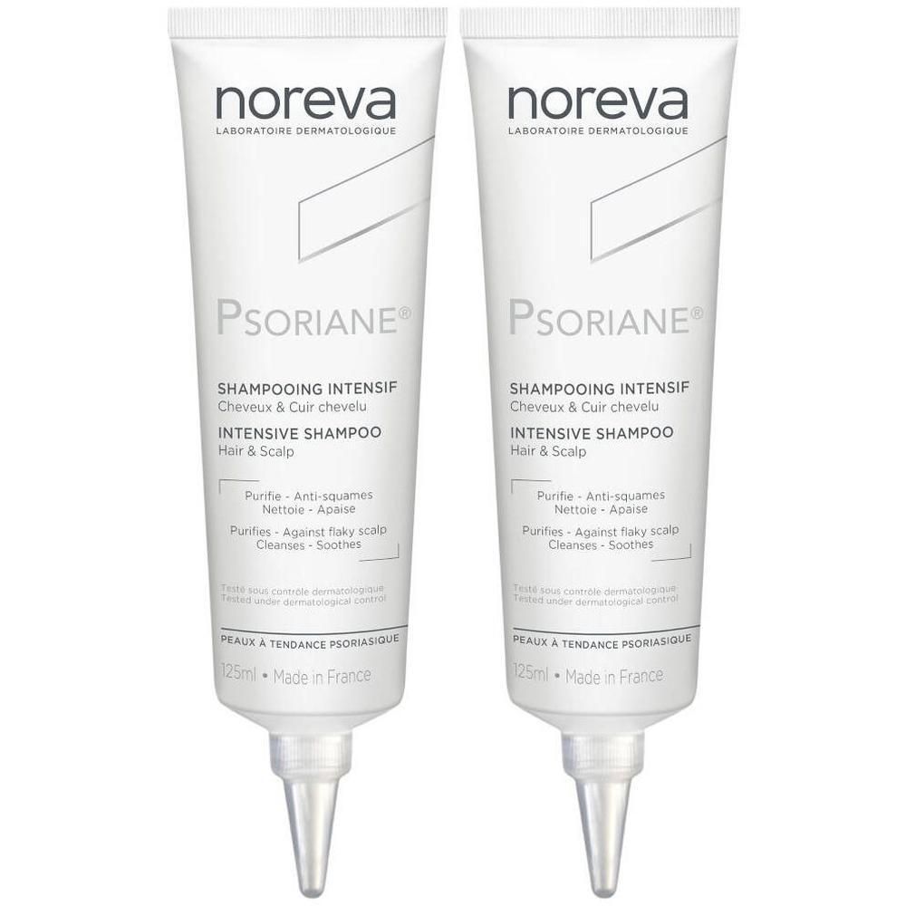 Deux flacons de shampooing intensif Noreva Psoriane.
