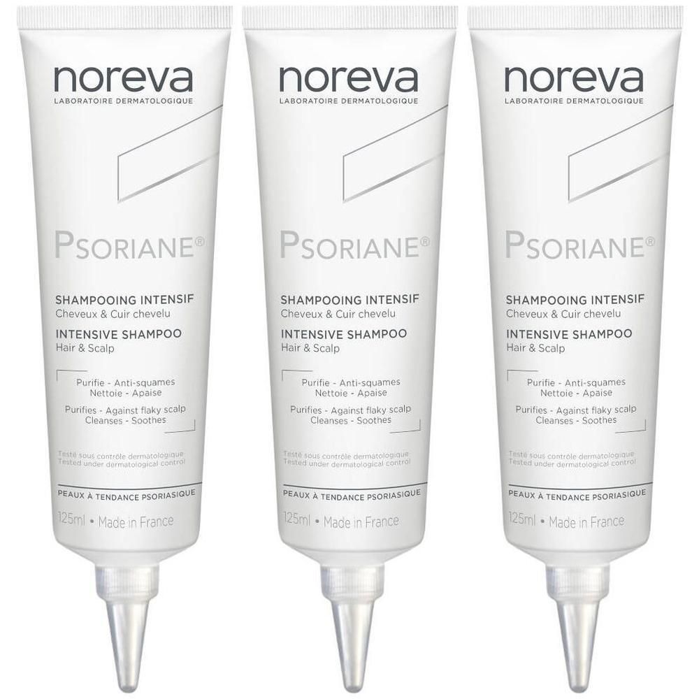 Trois tubes de Noreva Psoriane Shampooing Intensif Cheveux & Cuir Chevelu. 125ml.