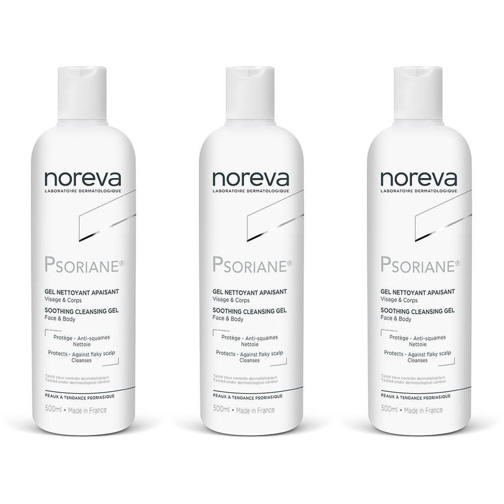 Drie flessen Noreva Psoriane kalmerende reinigingsgel voor gezicht en lichaam.