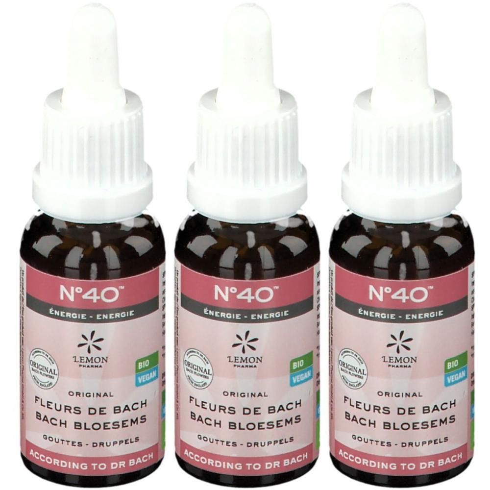 Drie flesjes Bachbloesem N°40 Energie. Bruine glazen flesjes met druppeldop en roze etiket.