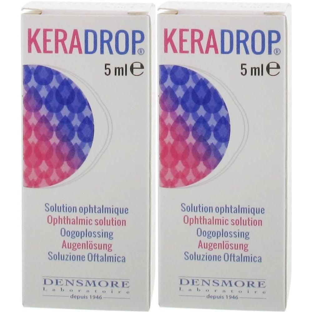 Twee verpakkingen Keradrop 5 ml, oogoplossing.