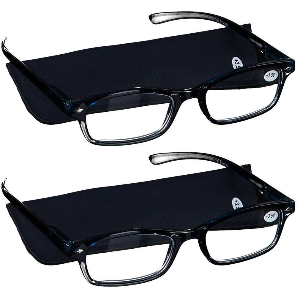 Deux paires de lunettes de lecture bleu foncé, +3,50 dioptries, avec étuis.