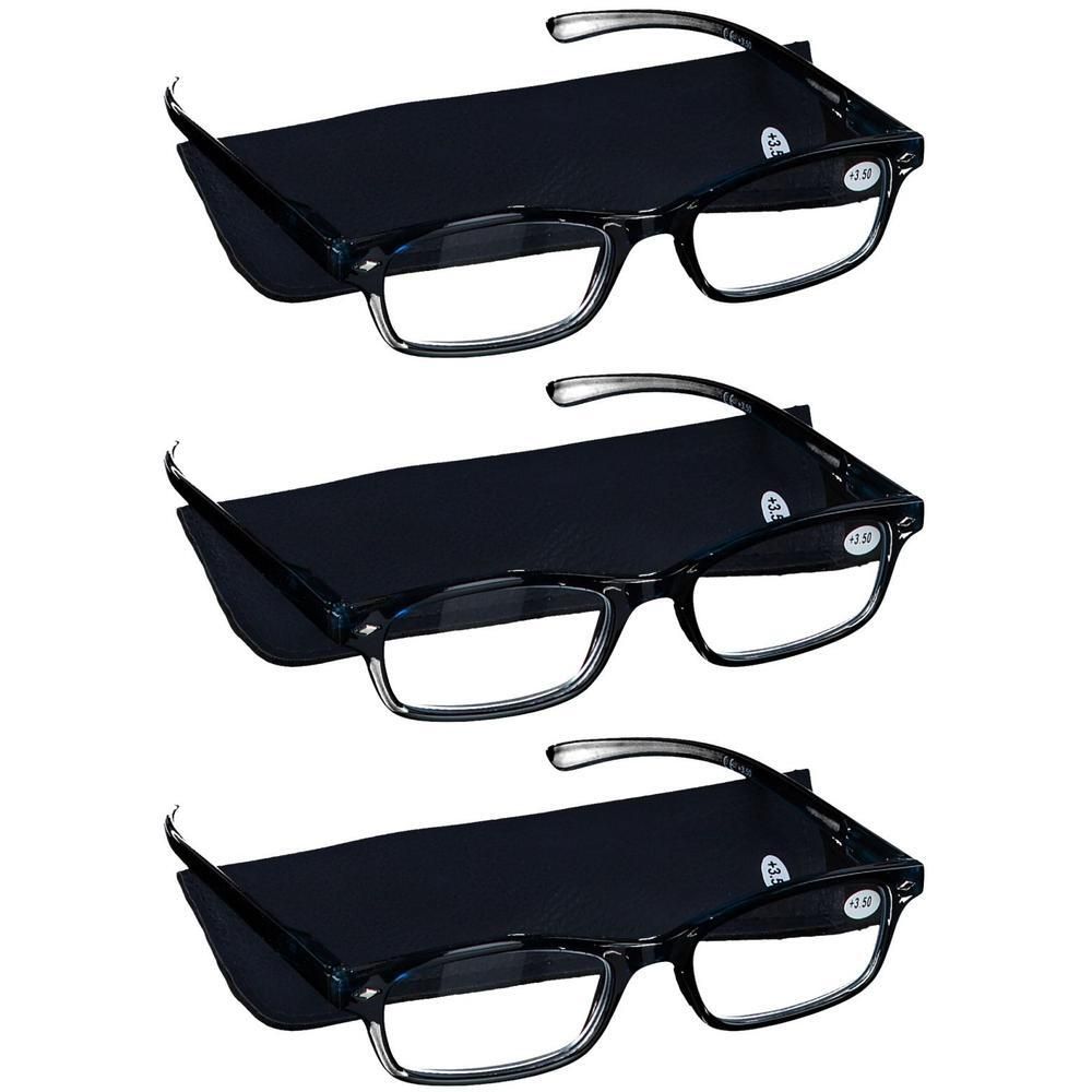 Trois paires de lunettes de lecture à monture foncée avec étui. Dioptrie +3,50.