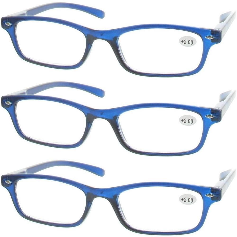 Drie blauwe leesbrillen, sterkte +2.00. Rechthoekig montuur.
