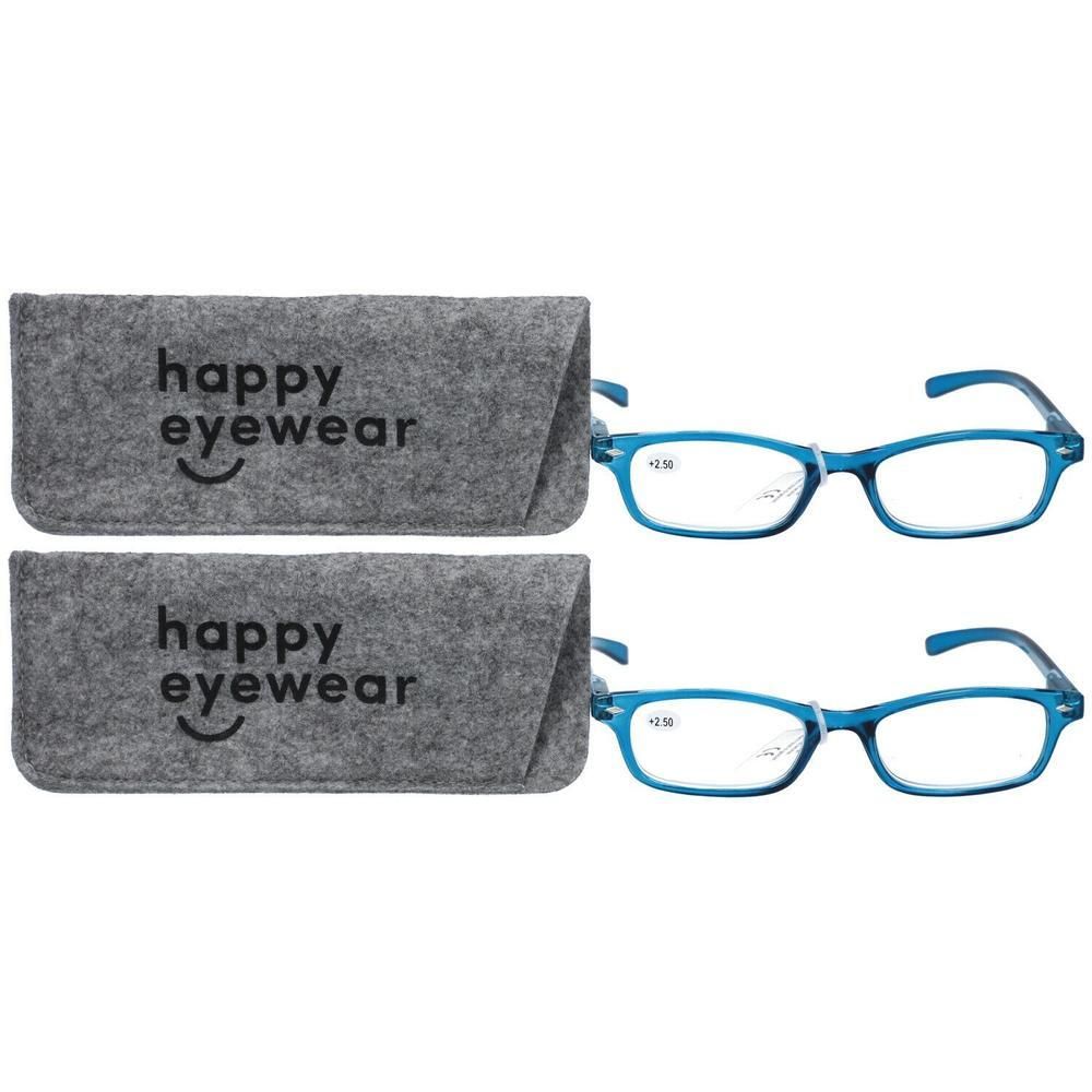 Twee paar blauwe leesbrillen met etuis. Elk paar is gemarkeerd met +2,50.