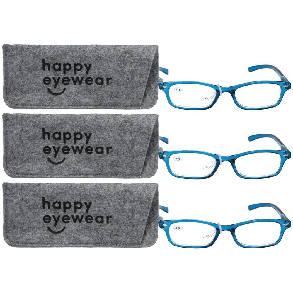 Drie blauwe leesbrillen met etuis. Elke bril heeft een sterkte van +2,50.